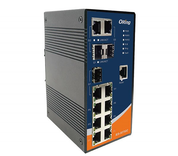 IES-3073GC, Industrial 10-port managed Ethernet switch, DIN, 7x 10/100 RJ-45 + 3 slide-in SFP slots / RJ-45, O/Open-Ring <10ms 