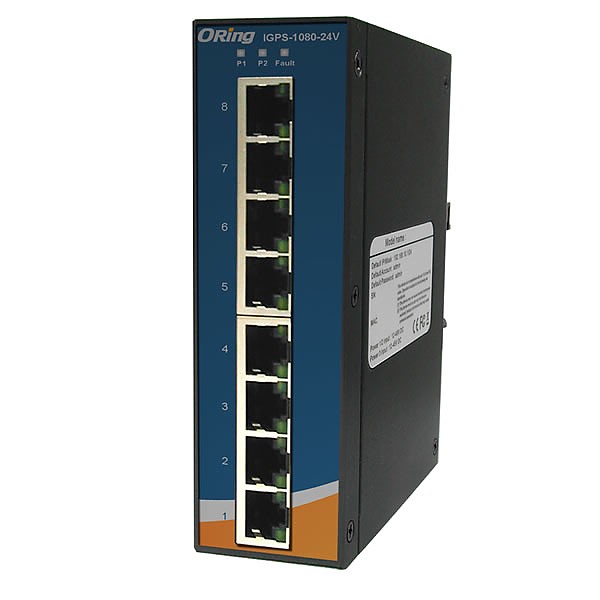 IGPS-1080-24V, Industrial 8-port unmanaged Gigabit PoE Ethernet switch, DIN, 8x 10/1000 RJ-45 PoE, slim housing