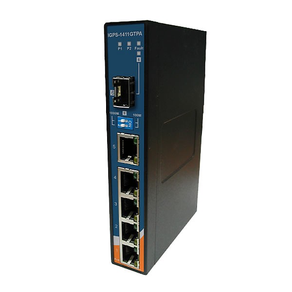 IGPS-1411GTPA, Industrial Unmanaged switch, DIN, 4x 1G RJ-45 PoE, 1x 1G RJ-45, 1x 1G SFP socket, slim housing