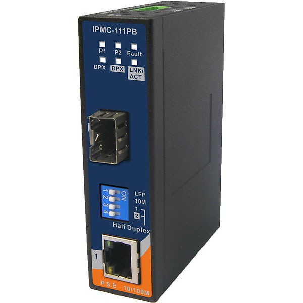 IPMC-111PB, Industrial mini type Ethernet to fiber PoE media converter, DIN, 1x10/100Base-T(X) P.S.E. and 1x100Base-FX, SFP socket LFP