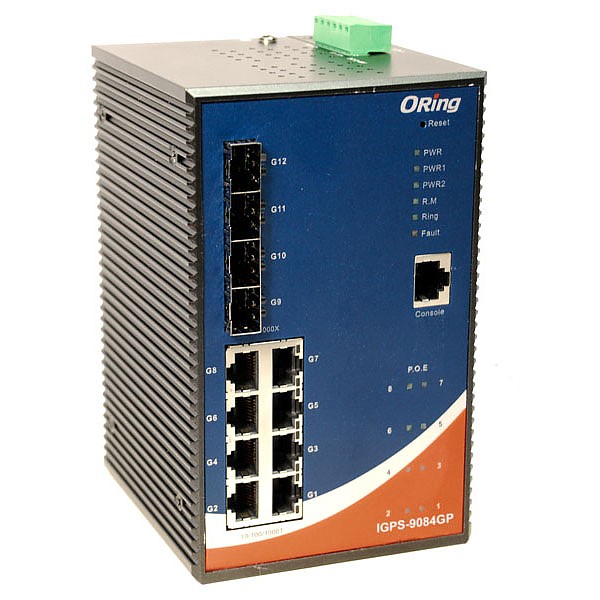 Managed switch,  8x 10/1000 RJ-45 PoE + 4 slide-in SFP slots, O/Open-Ring <20ms (ORing IGPS-9084GP) 
