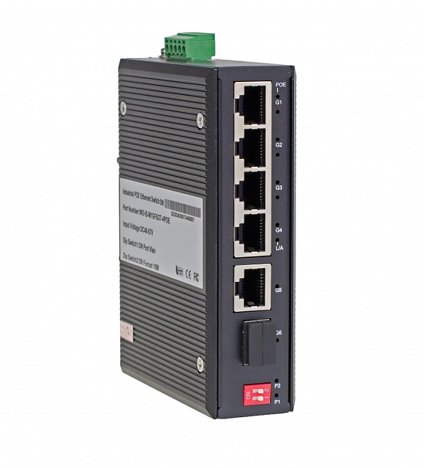 Unmanaged industrial switch, 4x 100/1000 RJ-45 PoE, 1x 100/1000 RJ-45, 1x 1000 SFP (Wave Industrial WO-IS-M1GF5GT-4POE) 