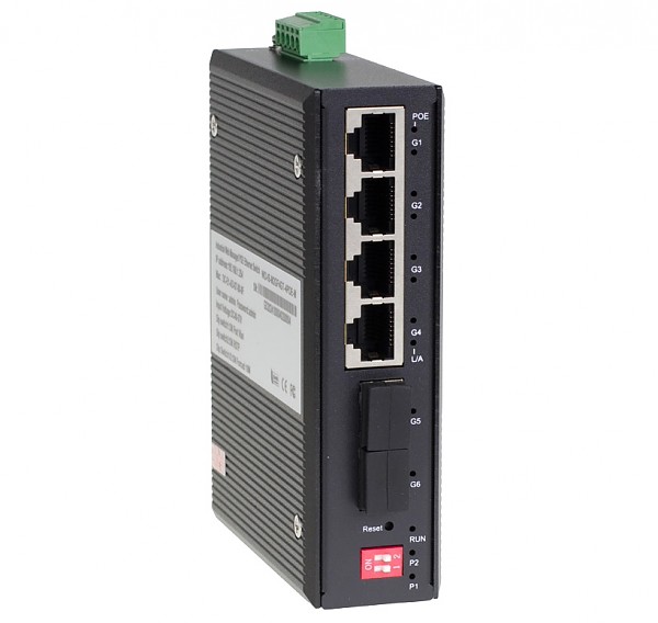 Unmanaged industrial switch, 4x 100/1000 RJ-45 PoE, 1x 100/1000 RJ-45, 1x 1000 SFP (Wave Industrial WO-IS-M2GF4GT-4POE-M) 