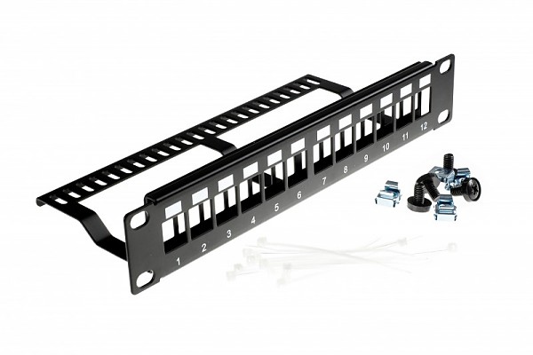 Patch panel, 12-port, keystone, 1U, 10", blank, w/cable holder 