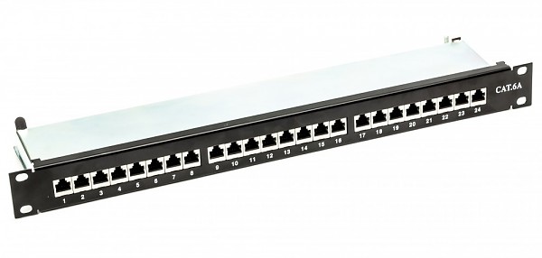 Patch panel, 24-port, STP, cat. 6A, 1U, 19", Krone type 