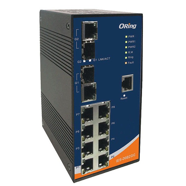 IES-3082GC, EN50155 10-port managed Ethernet switch, 8x 10/100 RJ-45 + 2 slide-in SFP slots / RJ-45, O/Open-Ring <10ms 