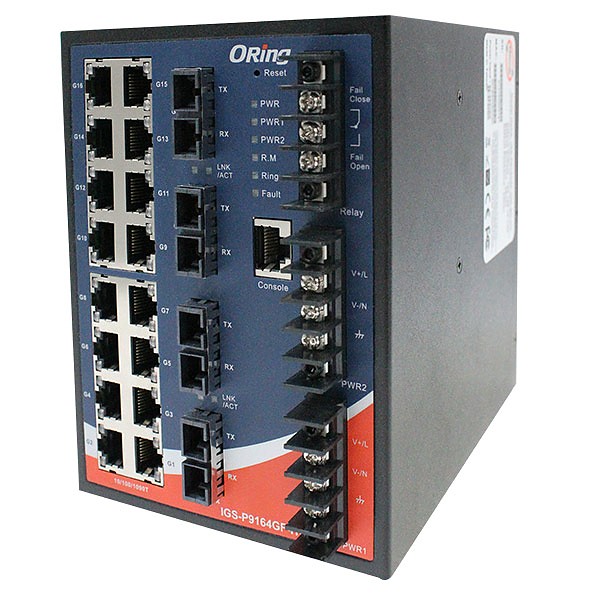 IGS-P9164GC-HV, Industrial Managed Switch, DIN, 16x 10/1000 RJ-45 + 4x100/1000 SFP w/DDM, O/Open-Ring <20ms