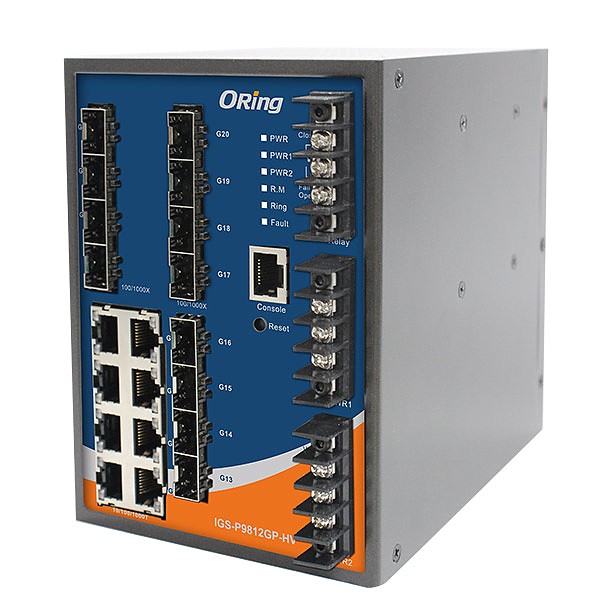 Managed switch,  8x 10/1000 RJ-45 + 12x100/1000 SFP w/DDM, O/Open-Ring <20ms (ORing IGS-P9812GP-HV) 