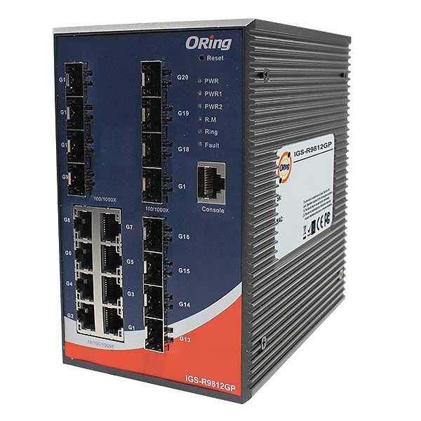 Managed switch, L3,  8x 10/1000 RJ-45 + 12x100/1000 SFP w/DDM, O/Open-Ring <30ms (ORing IGS-R9812GP) 