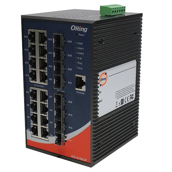 Managed switch, 16x 10/1000 RJ-45 + 8x100/1000 SFP w/DDM, O/Open-Ring <30ms (ORing IGS-9168GP) 