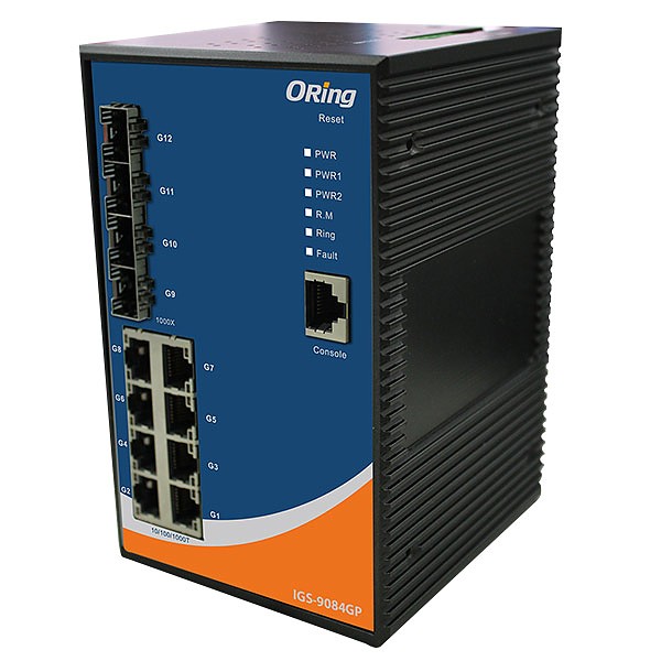 IGS-9084GP, Industrial Managed Switch, DIN, 8x 10/1000 RJ-45 + 4x100/1000 SFP w/DDM, O/Open-Ring <30ms