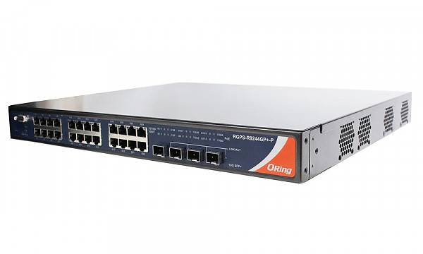 Managed switch, 24x 10/1000 RJ-45 + 4 1G/10G SFP+ slots, O/Open-Ring <30ms (ORing RGS-R9244GP+) 