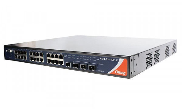 Managed switch, L3, 24x 10/1000 RJ-45 + 4 1G/10G SFP+ slots, O/Open-Ring <30ms (ORing RGS-R9244GP+) 