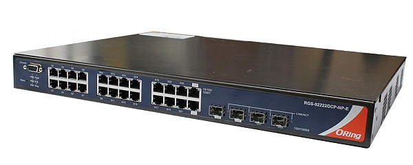 RGS-92222GCP-NP-E, Industrial Managed Switch, 22x 10/1000 RJ-45 + 2x 10/100/1000 COMBO Ports with SFP + 2 slide-in SFP slots, O/Open-Ring <30ms