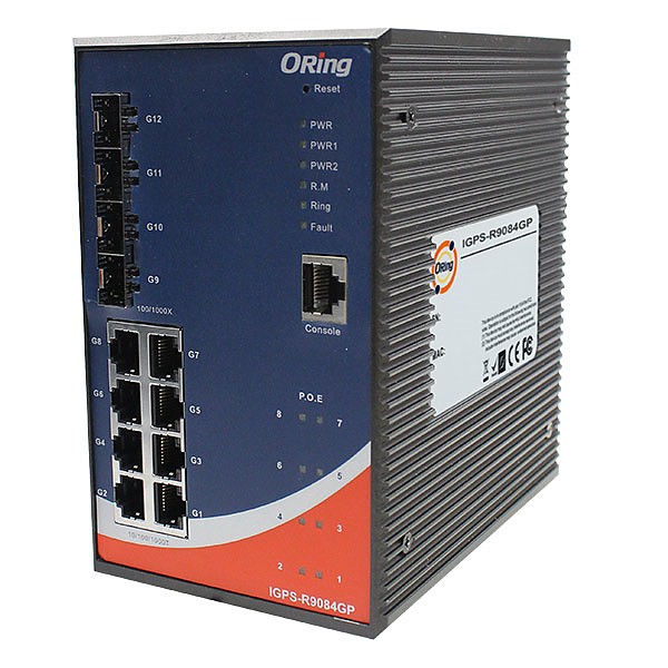 IGPS-R9084GP, Industrial Managed Switch, L3, DIN, 8x 10/1000 RJ-45 PoE + 4 slide-in SFP slots, O/Open-Ring <20ms