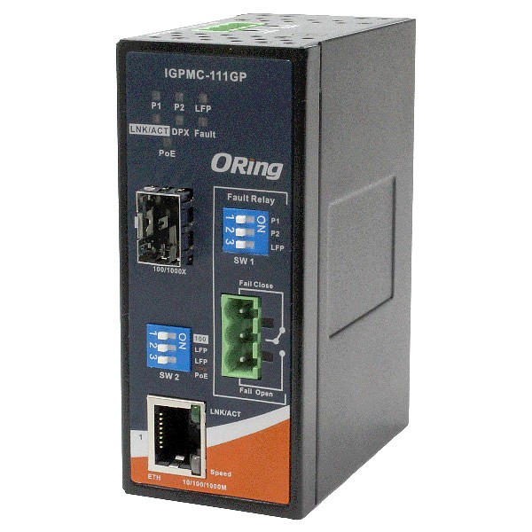 Industrial mini type Ethernet to fiber PoE media converter LFP with 1x10/1000Base-T(X) P.S.E. and 1x1000Base-FX, SFP socket (ORing IGPMC-111GP) 