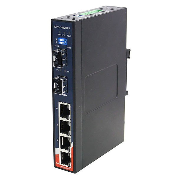 IGPS-1042GPA, Industrial 6-port slim, unmanaged Gigabit PoE Ethernet switch, DIN, 4x 10/1000 RJ-45 P.S.E. + 2x 1000 SFP
