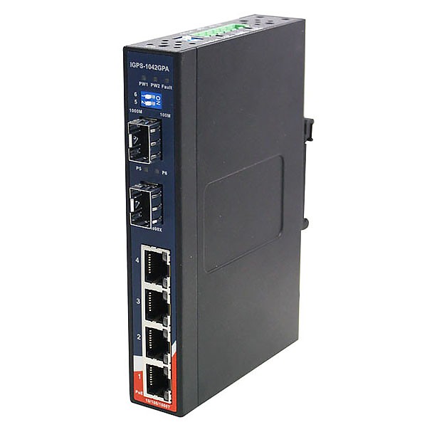 Unmanaged switch, 4x 10/1000 RJ-45 PoE + 2x 1000 SFP , slim housing (ORing  IGPS-1042GP-24V)