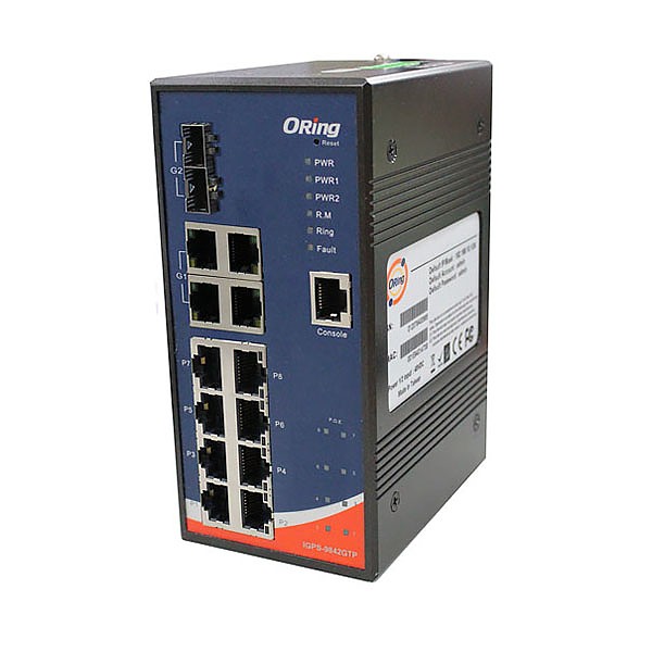 Managed switch,  8x 10/1000 RJ-45 PoE + 4x 10/1000 RJ-45 + 2 slide-in SFP slots, O/Open-Ring <20ms (ORing IGPS-9842GTP-24V) 