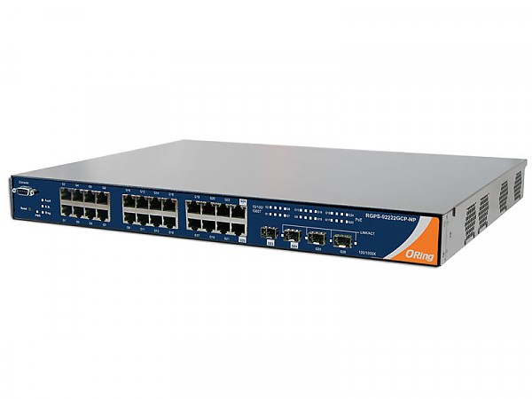 Managed switch, 22x 10/1000 RJ-45 PoE + 2x 10/100/1000 COMBO Ports with SFP + 2 slide-in SFP slots, O/Open-Ring <30ms, 19" (ORing RGPS-92222GCP-NP-LP) 