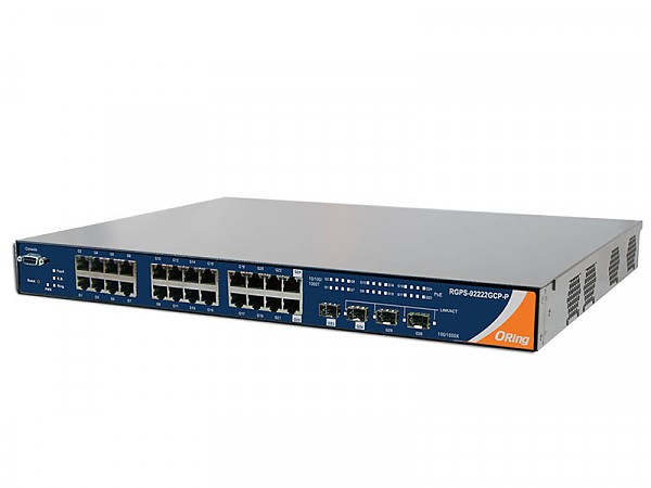 Managed switch, 22x 10/1000 RJ-45 PoE + 2x 10/100/1000 COMBO Ports with SFP + 2 slide-in SFP slots, O/Open-Ring <30ms, 19" (ORing RGPS-92222GCP-NP-P) 