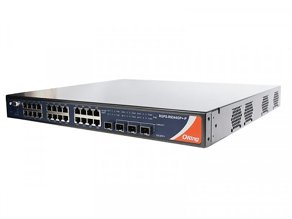 RGPS-R9244GP+-LP, Industrial Layer-3 28-port managed Gigabit PoE Ethernet switch, 24x 10/1000 RJ-45 PoE + 4 1G/10G SFP+ slots, O/Open-Ring <30ms, L3 