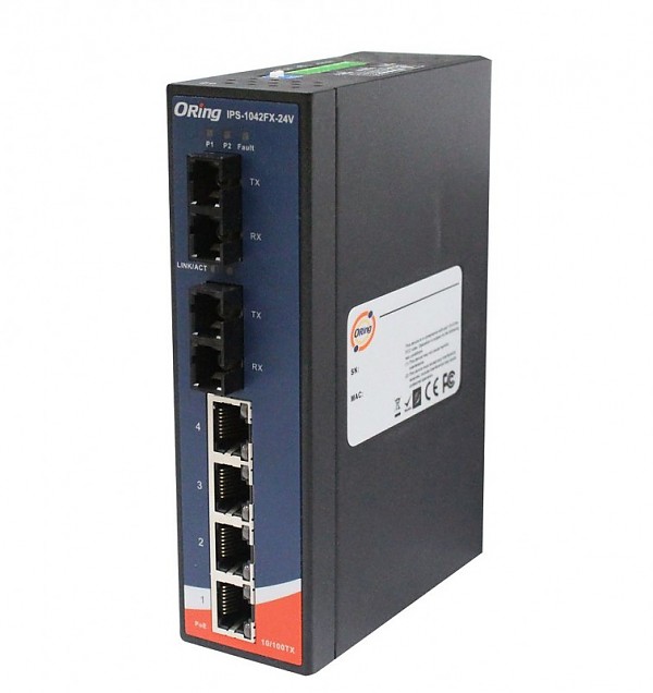 Unmanaged switch,  4x 10/100 RJ-45 PoE + 2x 100 SM SC (ORing IPS-1042-FX-SS-SC-24V) 