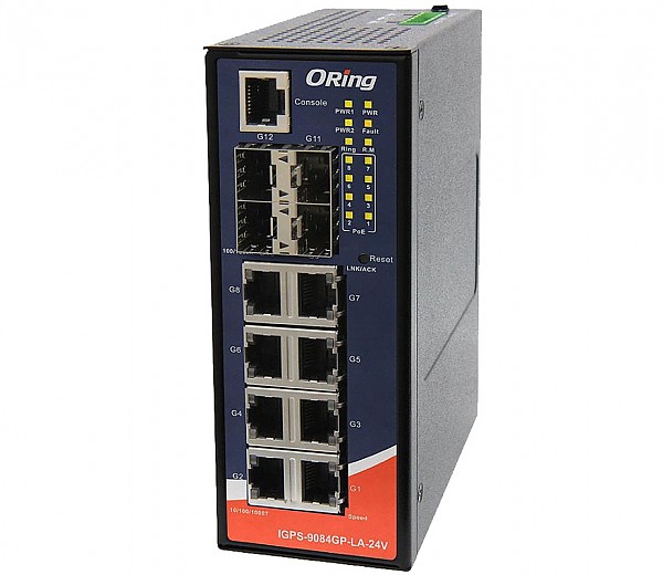 ORing IGPS-9084GP-LA-24V, Managed switch,  8x 10/1000 RJ-45 PoE + 4 slide-in SFP slots, O/Open-Ring <20ms