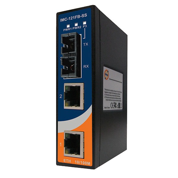 IMC-121FB-SS-SC, Industrial mini Ethernet to fiber media converter, DIN, 2x 10/100TX (RJ-45) + 1x 100FX (SM SC)