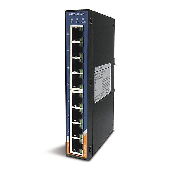 IGPS-1080A, Industrial 8-port slim type unmanaged Gigabit PoE Ethernet switch, DIN, 8x 10/1000 RJ-45 PoE