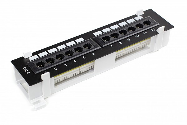 Patch panel, 12-port, UTP, cat. 6, dual-block type, wall-mounted 