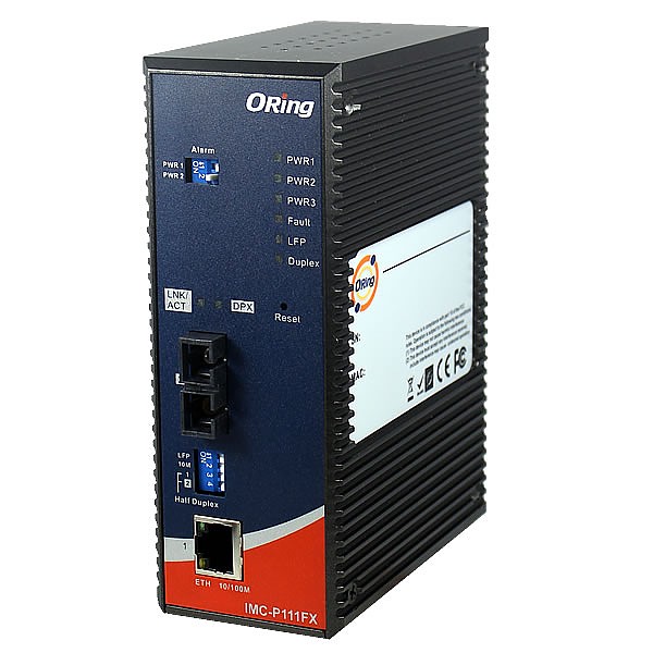 Industrial IEC 61850-3 Ethernet to fiber media converter with 1x10/100Base-T(X) to 1x100Base-FX fiber socket (ORing IMC-P111FX-MM-SC-LV) 