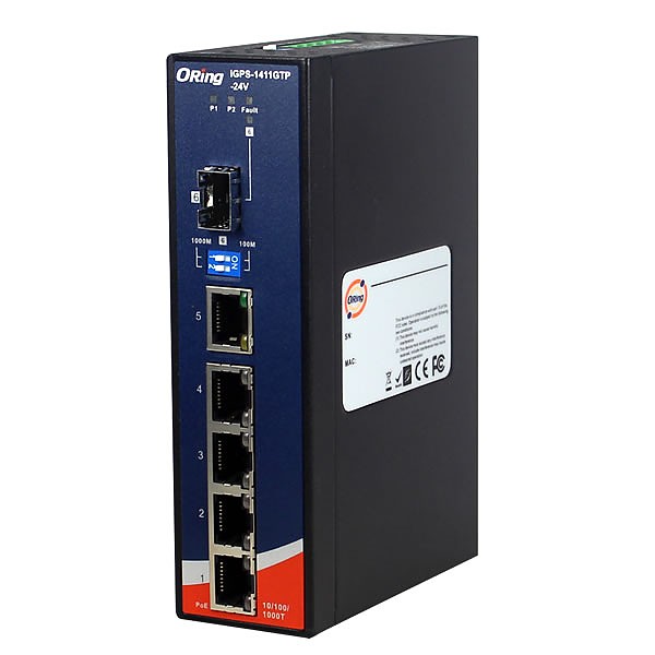 IGPS-1411GTP-24V, Industrial Unmanaged Switch, DIN, 4x 1G RJ-45 PoE, 1x 1G RJ-45, 1x 1G SFP socket, slim housing