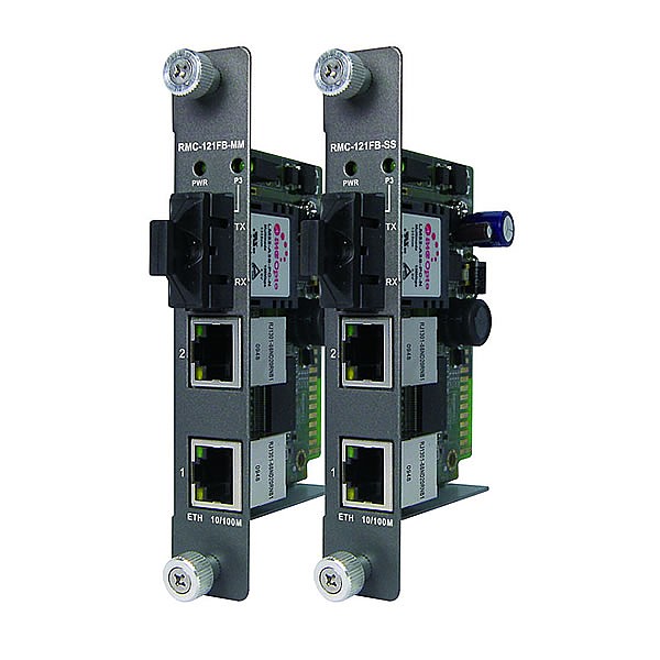RMC-121FB-SS, Industrial Rack mount card type Ethernet to fiber media converter, 2x 10/100TX (RJ-45) + 1x 100FX (SM SC)