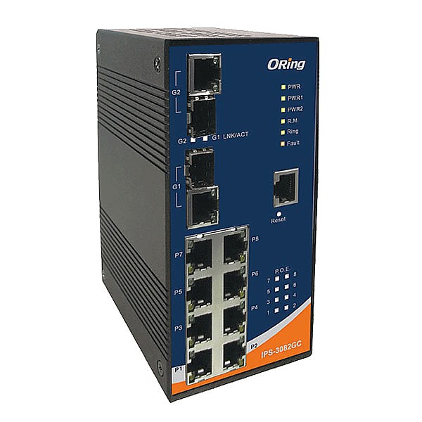 IPS-3082GC-AT, Industrial 10-port managed PoE Ethernet switch, DIN, 8x 10/100 RJ-45 PoE+ + 2 slide-in SFP slots w/DDM / RJ-45, O/Open-Ring <10ms