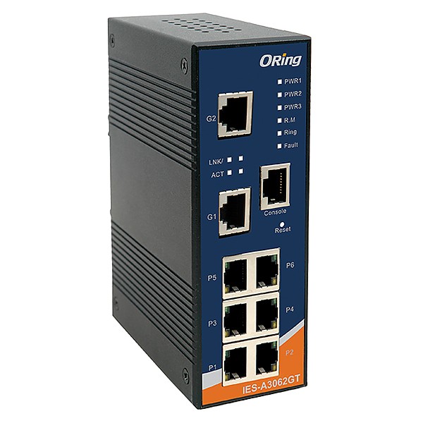 IES-A3062GT, Industrial Managed switch, DIN, 6x 10/100 RJ-45 + 2x 10/1000 RJ-45, O/Open-Ring <10ms, C1D2/ATEX 