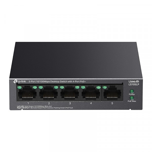 Unmanaged switch,  5x 10/100 RJ-45, PoE+, desktop (TP-Link LS105LP) 