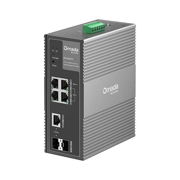 Managed switch,  4x 10/100/1000 RJ-45, 1x  Gigabit SFP/RJ45 Combo, 1x SFP, PoE++, DIN (TP-Link IES206GPP) 