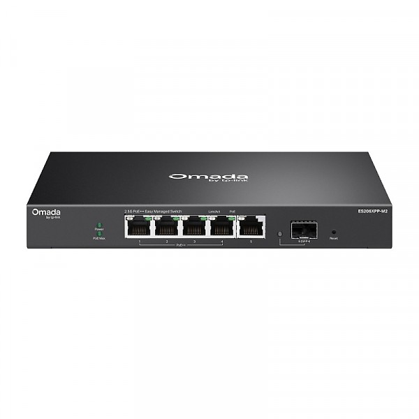 Managed switch,  5x 2,5G, 2 slide-in 10G SFP+ slot, PoE++, 19" (TP-Link ES206XPP-M2) 