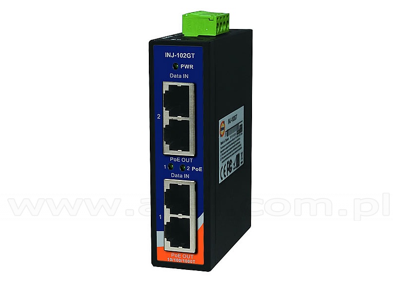 INJ-102GT, Industrial 2-port Gigabit High Power PoE Injector, DIN