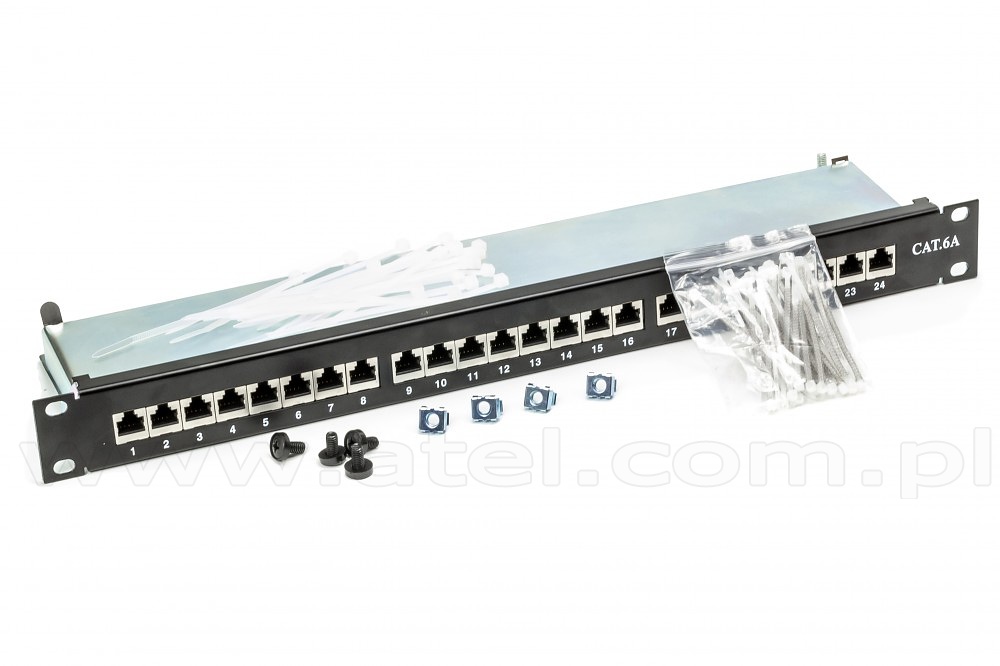 Patch panel, 24-port, STP, cat. 6A, 1U, 19, Krone type